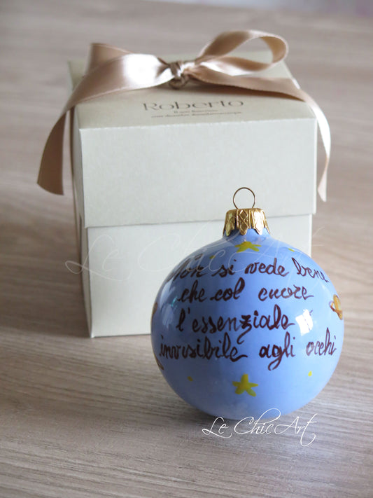 Bomboniera palla di Natale Piccolo Principe 8 cm color avio carta da zucchero con frase "L'essenziale è invisibile agli occhi" - Set 10 pezzi per battesimo e nascita