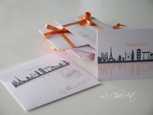 Partecipazione matrimonio tema viaggi skyline città fiori pesco Giappone