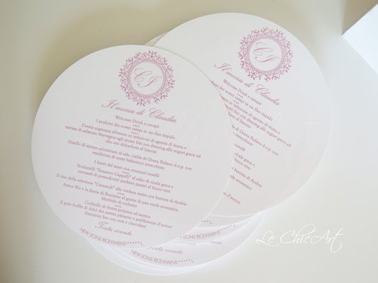 Menù Comunione Vintage Luxury - Segnaposto Tondo 20cm Frame Logo Rosa Antico con Iniziali Personalizzabili Festeggiata - Made in Italy Premium Retrò