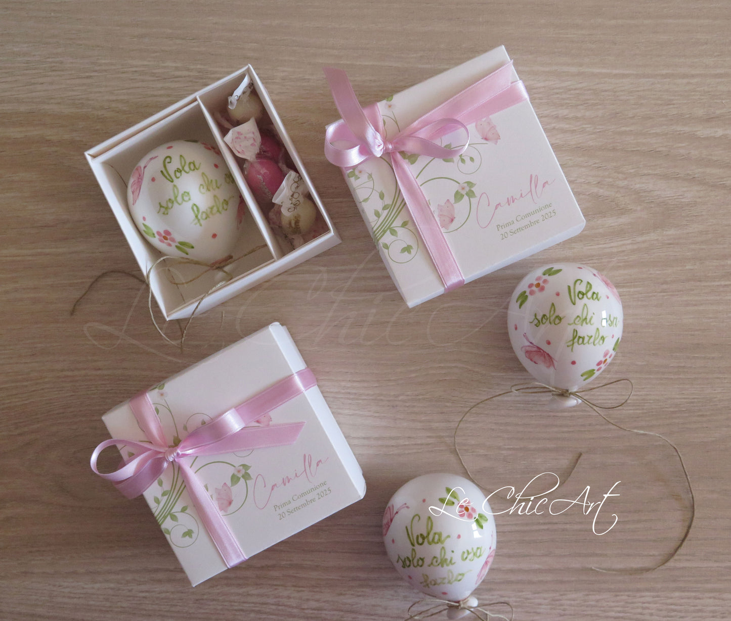 Set 10 Bomboniere palloncino grande 7x8cm bombato dipinto a mano con Frase, Fiori e Farfalline