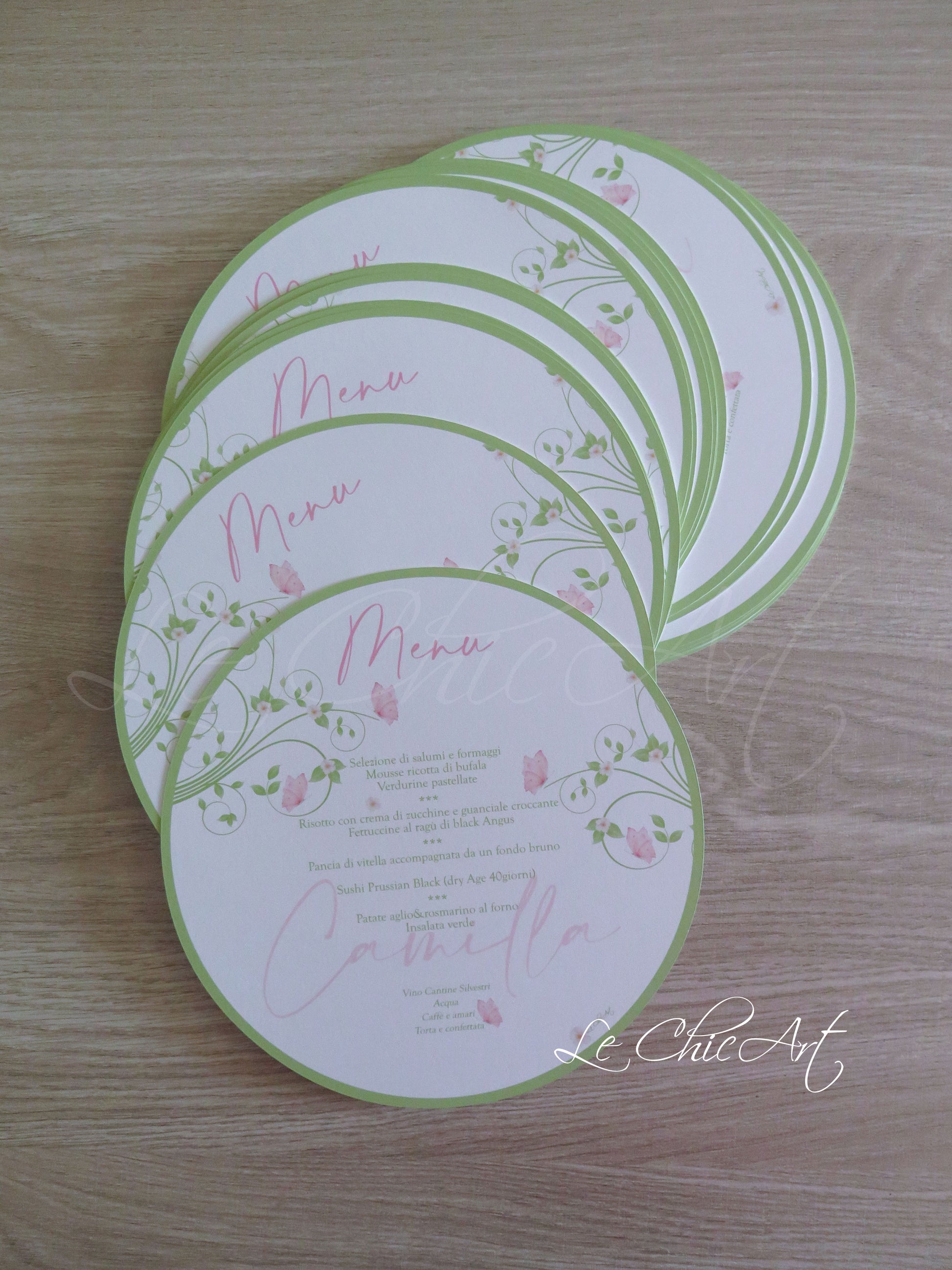 Menù Comunione - Set Segnaposto Tondi 20cm Fiori e Farfalle da Piatto Premium Personalizzabili - Made in Italy Qualità Artigianale