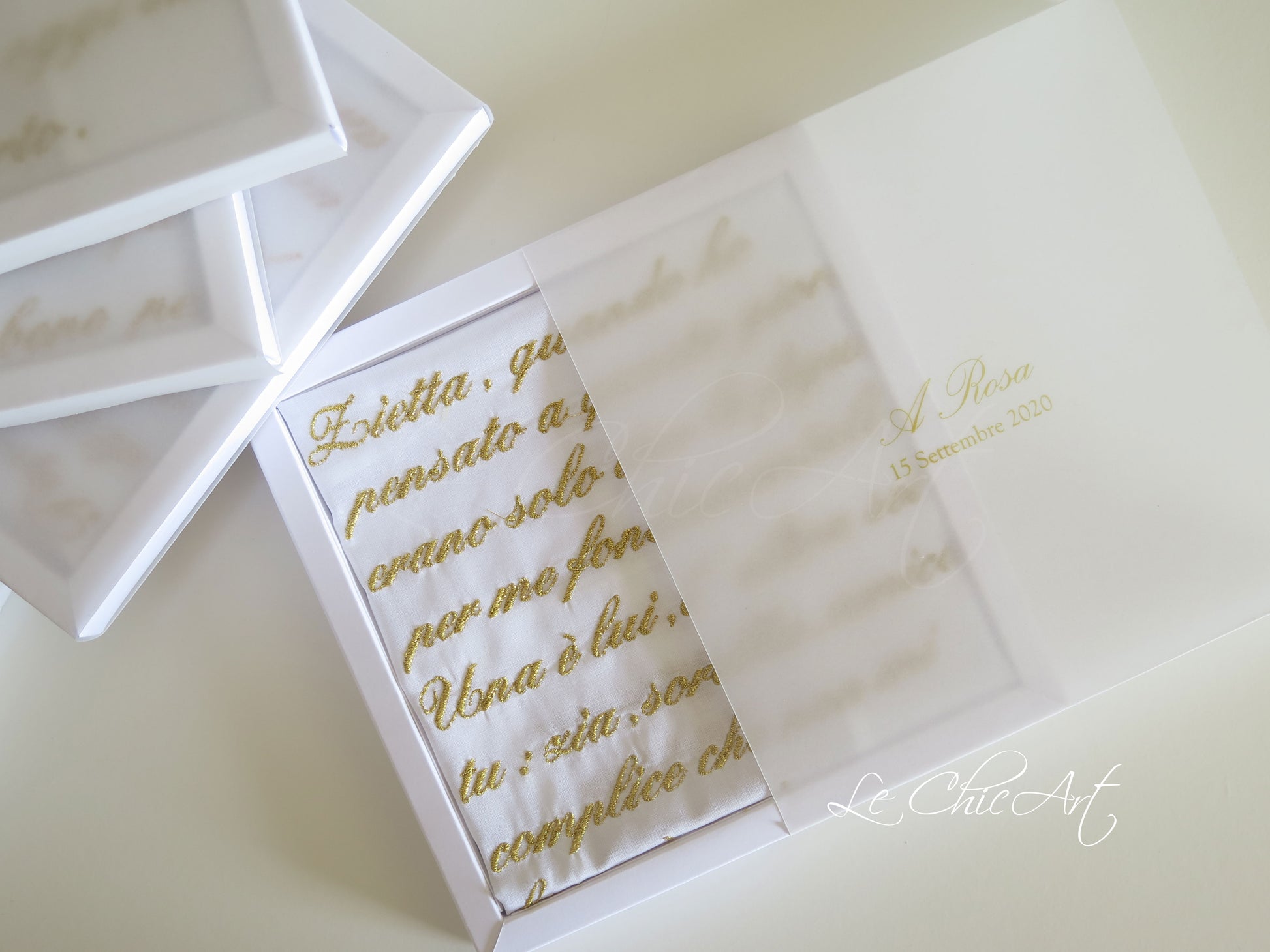 Fazzoletto matrimonio ricamato oro dedica "A mia zia" - regalo sposa per zia o madrina, cotone percalle, scatola giallo ocra - Le ChicArt Lab