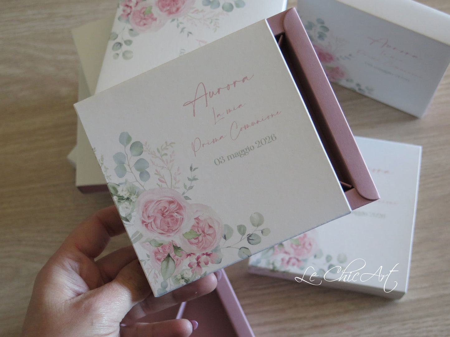 Set of 10 3-compartment confetti tasting boxes - roses or lilies - powder pink or sage green