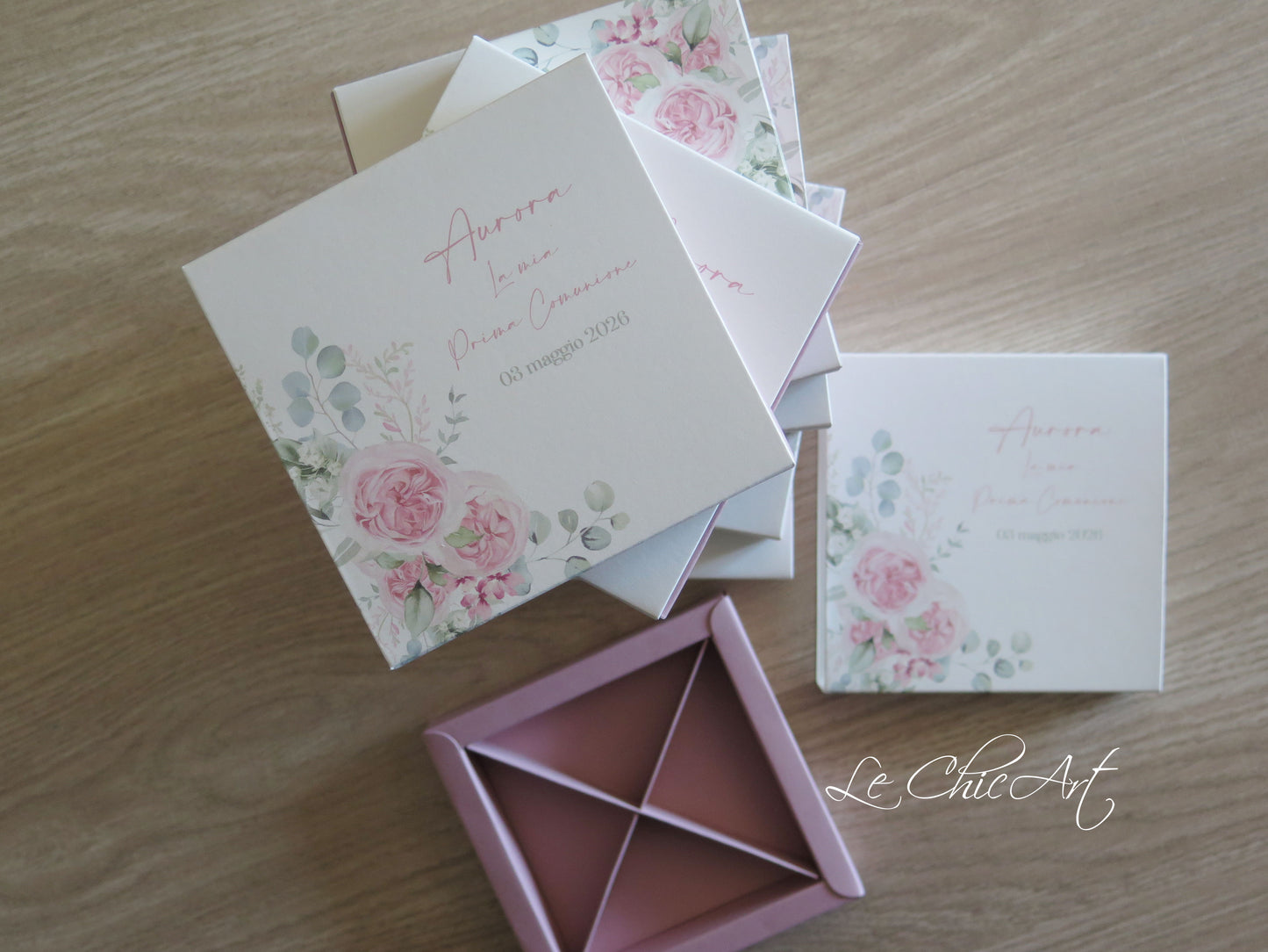 Set of 10 3-compartment confetti tasting boxes - roses or lilies - powder pink or sage green