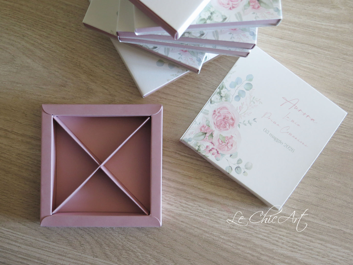 Set of 10 3-compartment confetti tasting boxes - roses or lilies - powder pink or sage green