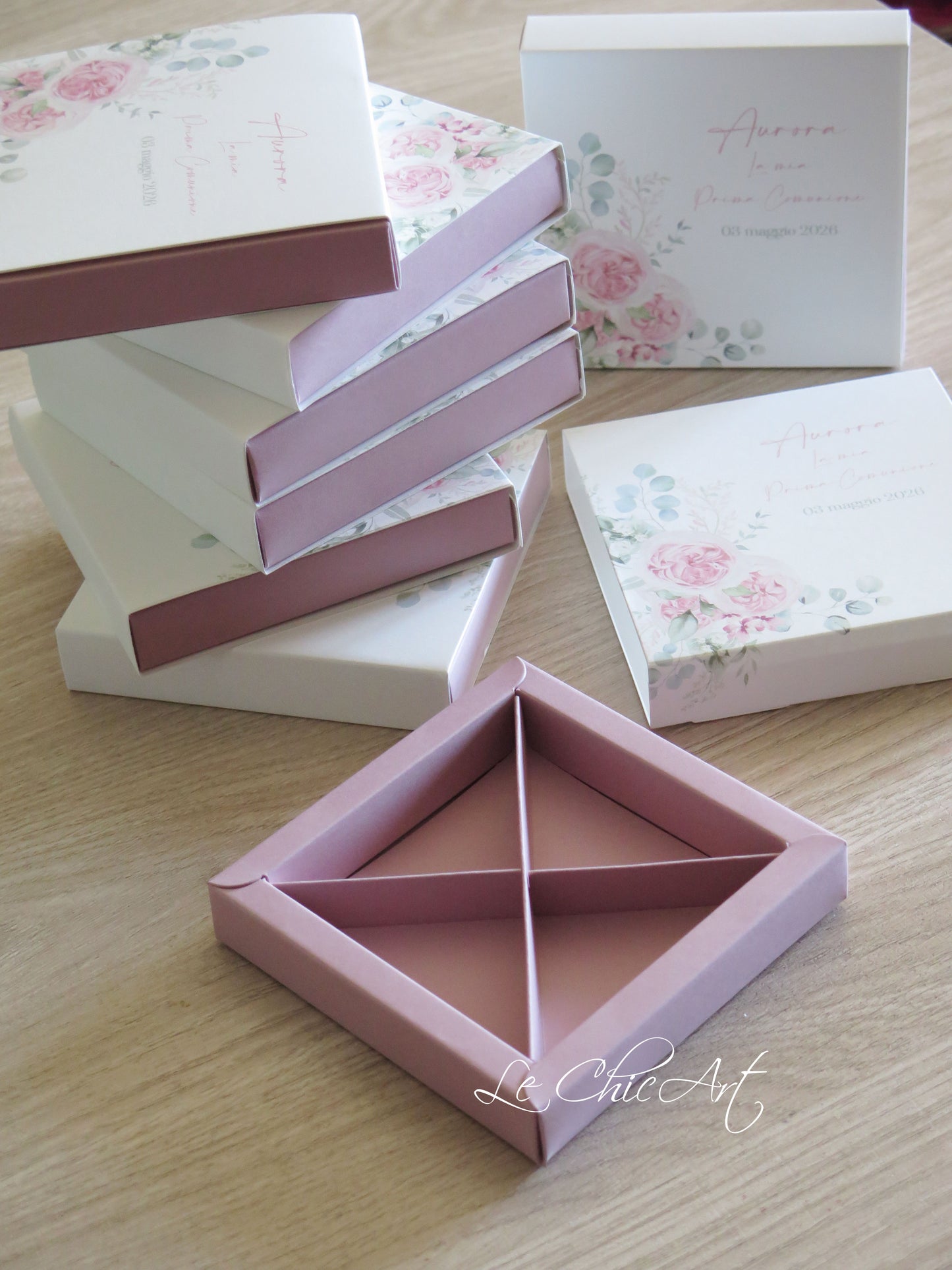 Set of 10 3-compartment confetti tasting boxes - roses or lilies - powder pink or sage green