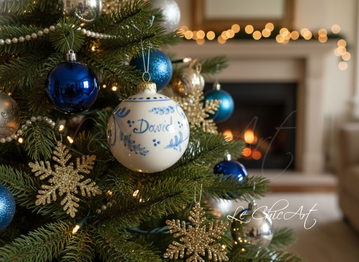 Palla di Natale in maiolica decorata a mano con motivo floreale blu e nome personalizzato su albero di Natale - Bomboniera battesimo