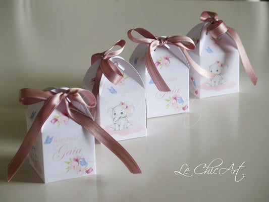 Set scatole lanterna elefantina rosa antico - bomboniere nascita femminuccia con nastro 
