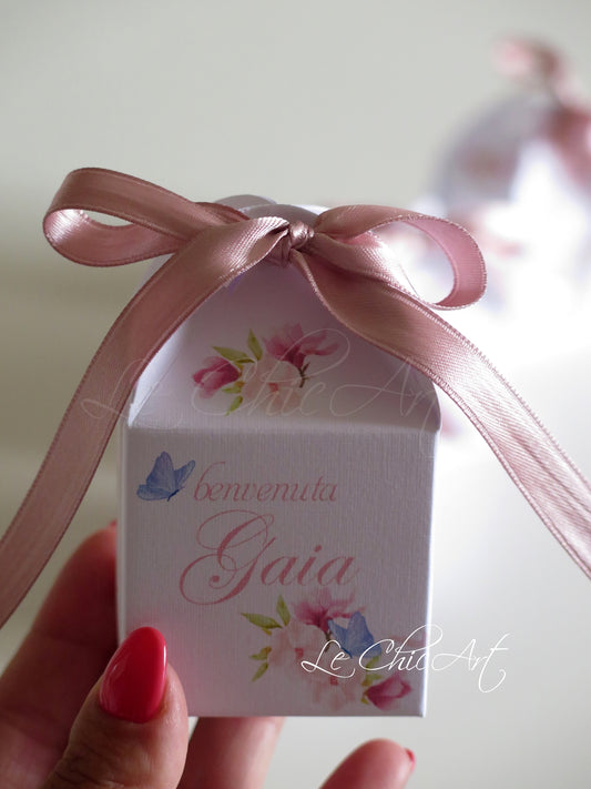 Scatola portaconfetti lanterna elefantina rosa antico con fiori - bomboniera nascita femminuccia 5x5x8cm
