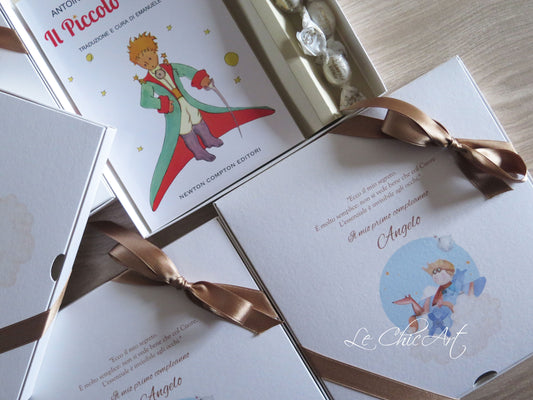 Bomboniera primo compleanno con libro Il Piccolo Principe in confezione elegante beige