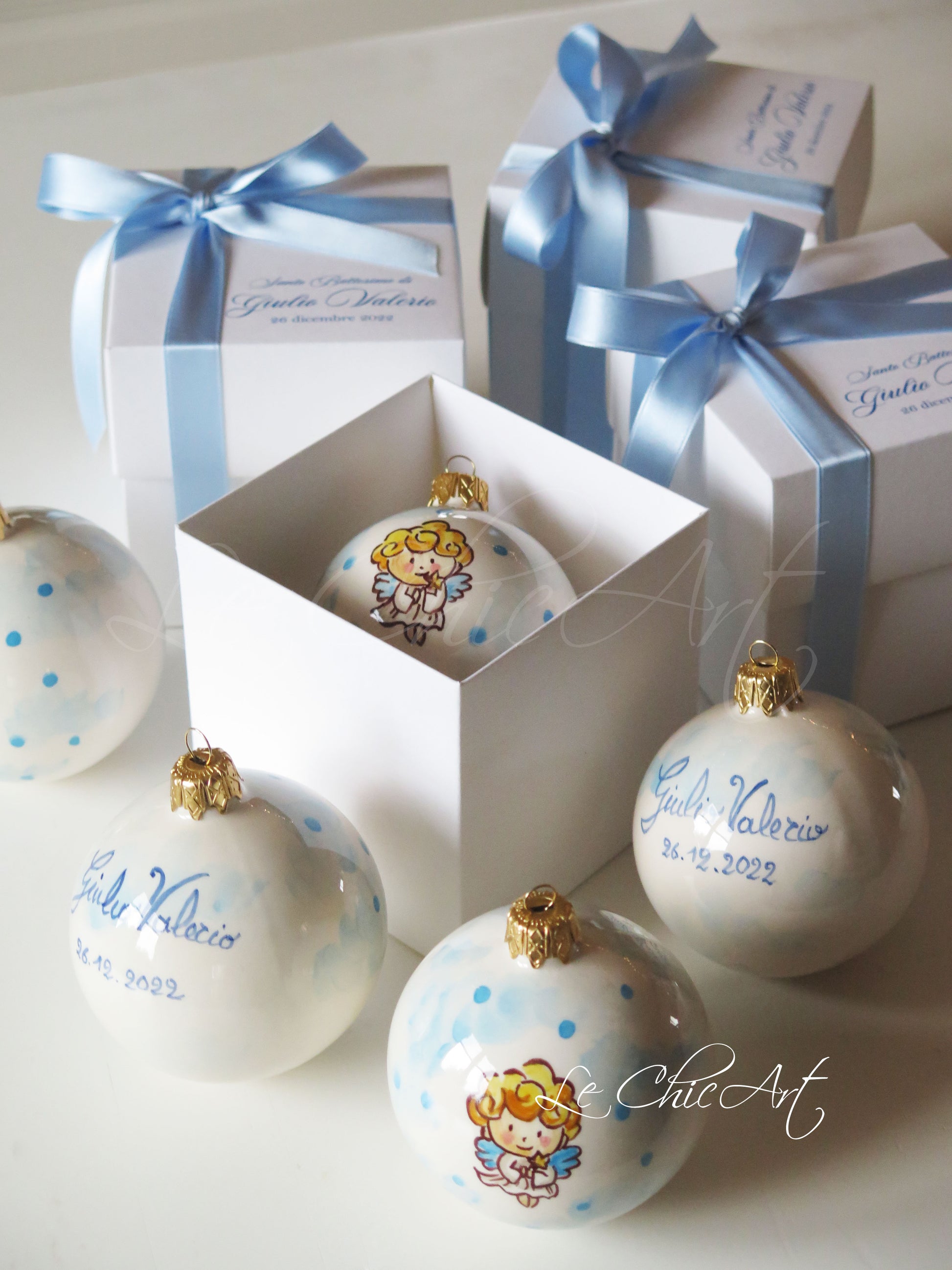 Set bomboniere eleganti fatte a mano napoli battesimo palle ceramica dipinte a mano - Angelo azzurro con scatola personalizzata regalo invitati artigianale
