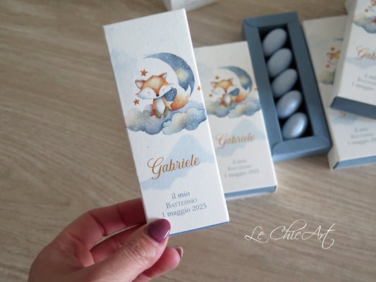 "Scatola porta confetti volpe mini sfilo 12x4x2cm azzurro polvere"

