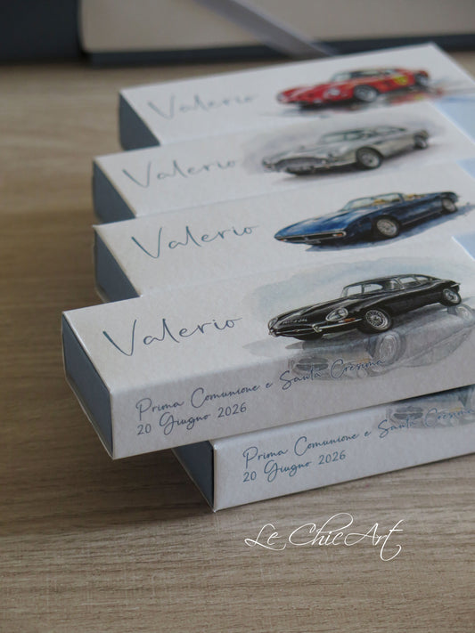 Scatolina portaconfetti Prima Comunione e Cresima con auto d'epoca nera, personalizzata con nome e data, set da 20 pezzi, Made in Italy