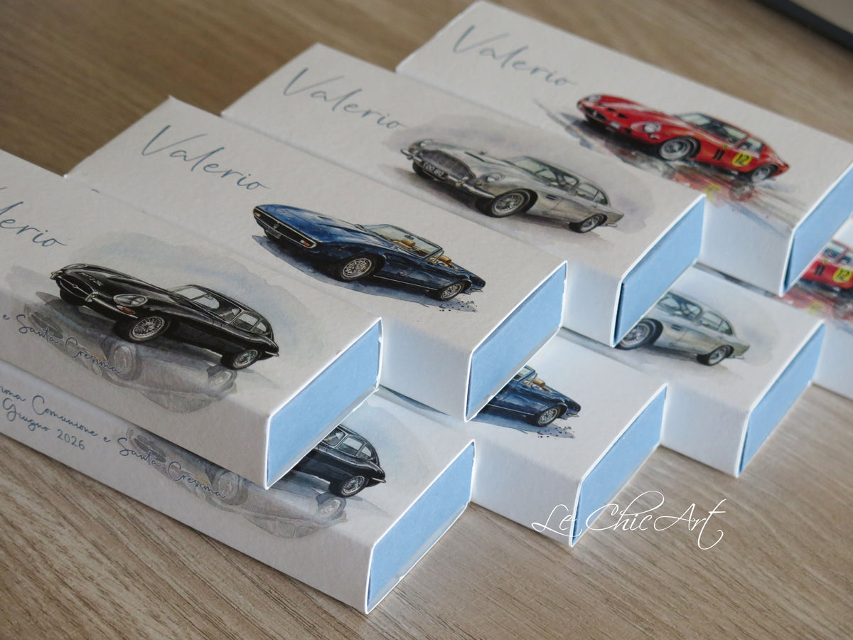 Set 20 scatoline portaconfetti Prima Comunione e Cresima con auto d'epoca — 4 colori disponibili, personalizzate con nome e data, bomboniere artigianali Made in Italy
