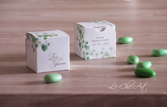 portaconfetti quadrato 5x5x5cm eucalipto foglie verdi promessa di matrimonio