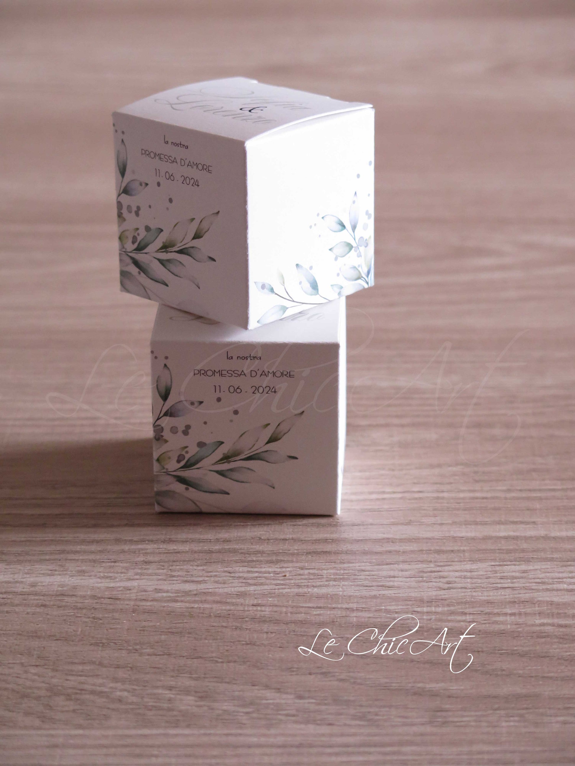 Set 20 scatole porta confetti promessa matrimonio eucalipto verde con testo nero elegante, bomboniere premium design botanico minimalista per celebrazioni raffinate