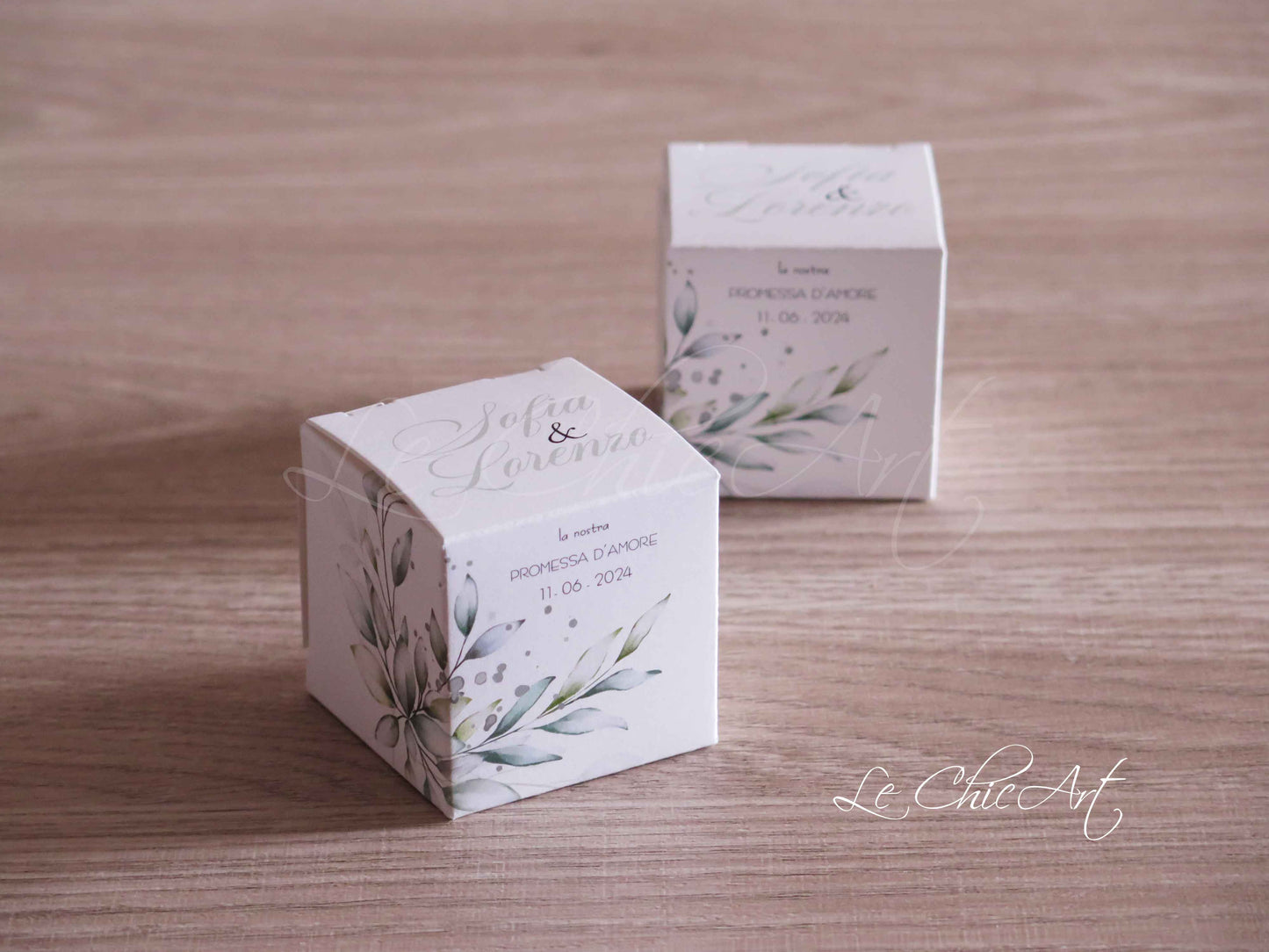 Set 20 scatole porta confetti promessa matrimonio eucalipto verde con testo nero elegante, bomboniere premium design botanico minimalista per celebrazioni raffinate