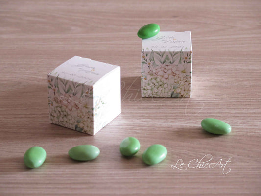 Set 20 scatole porta confetti promessa matrimonio con design ortensie verdi, bomboniere eleganti fai da te per celebrazioni botaniche romantiche