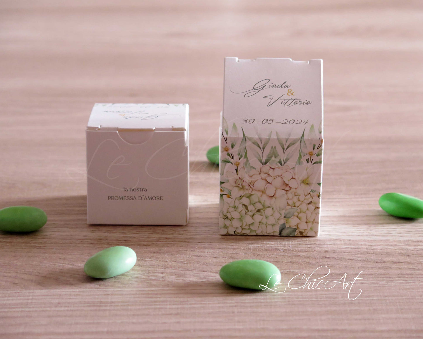 Set 20 scatole porta confetti promessa matrimonio con design ortensie verdi, bomboniere eleganti fai da te per celebrazioni botaniche romantiche