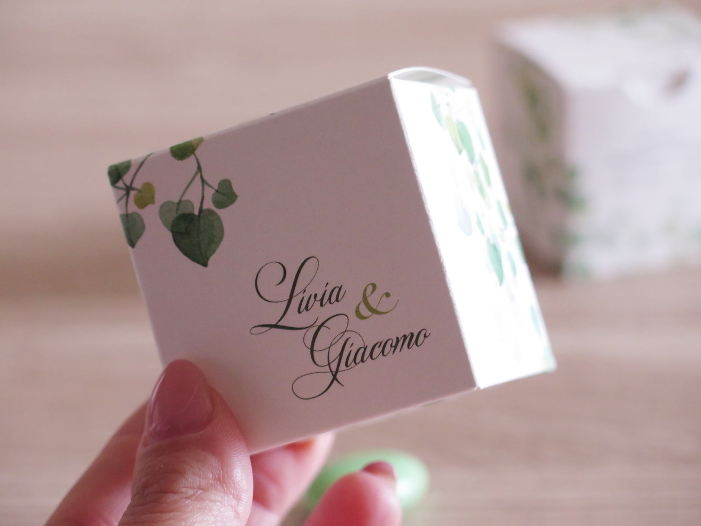 portaconfetti quadrato 5x5x5cm eucalipto foglie verdi promessa di matrimonio