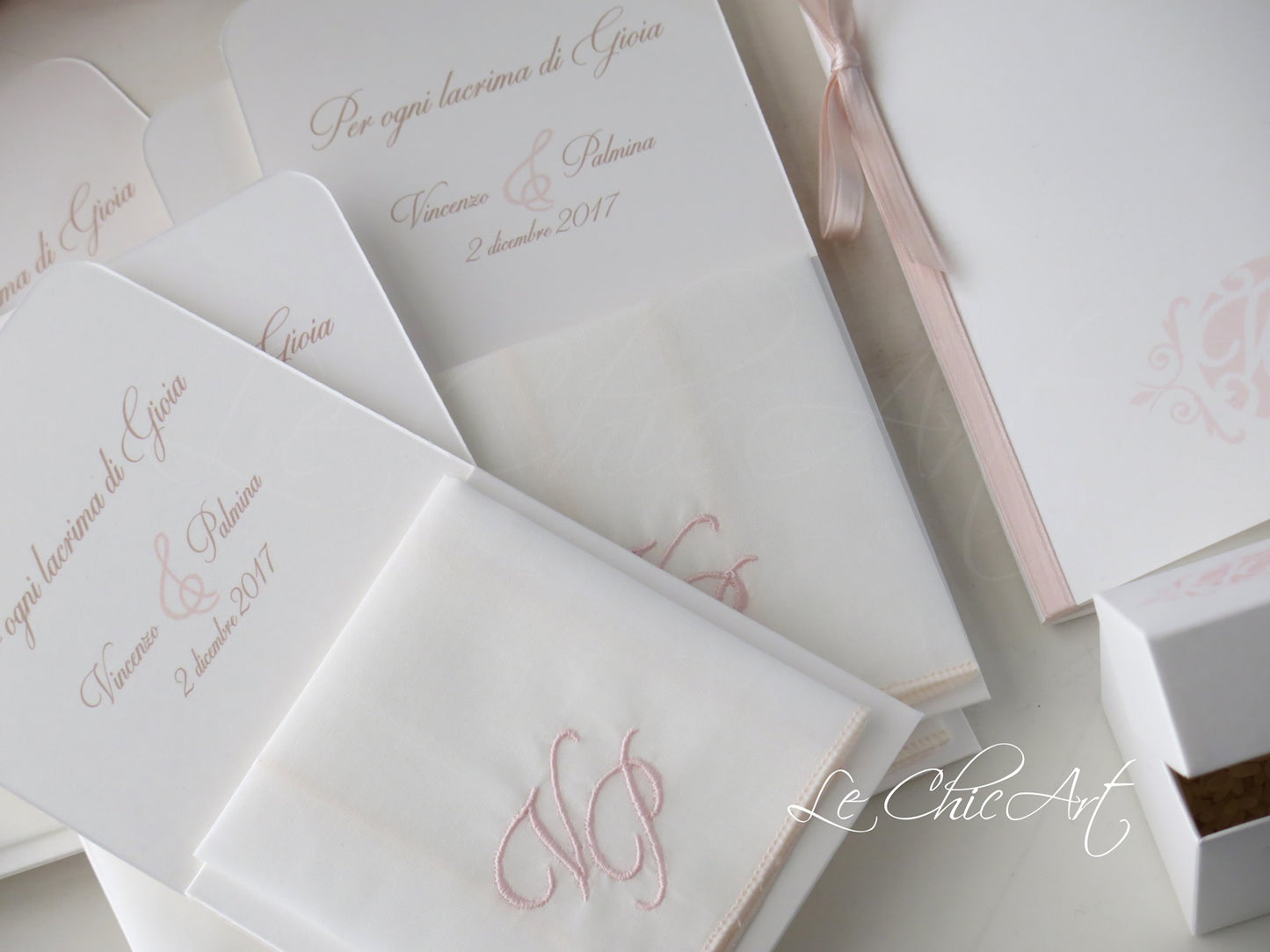 Set of 10 handkerchiefs with embroidered initials in Antique Pink and Powder Pink