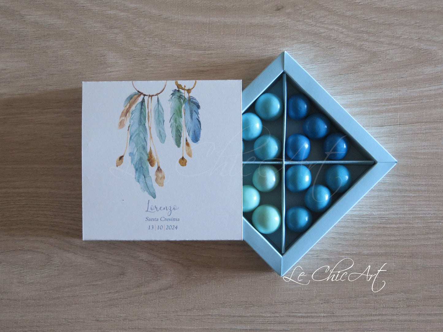 Set 10 scatole degustazione 4 scomparti azzurro acchiappasogni cresima quadrate