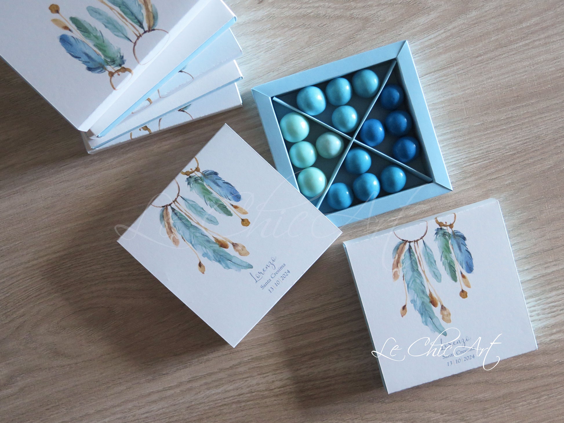 Set 10 scatole degustazione 4 scomparti azzurro acchiappasogni cresima 11x11x2cm