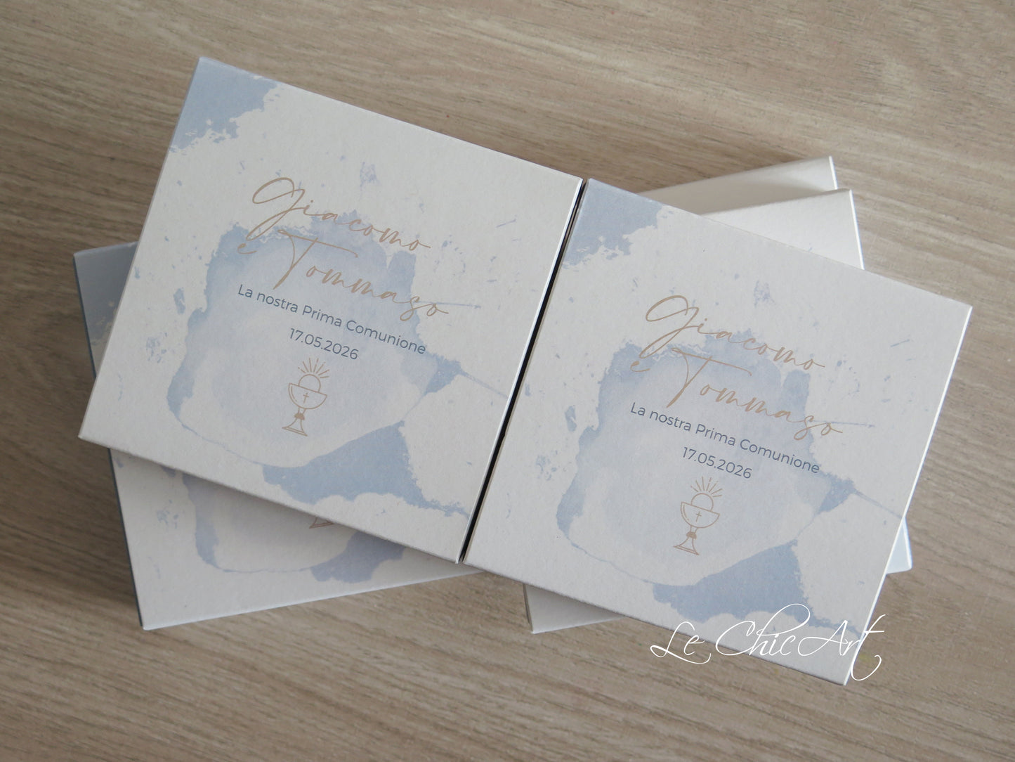 Set 10 Scatole Porta Confetti 4 Scomparti – Pennellate Azzurro Polvere | Prima Comunione