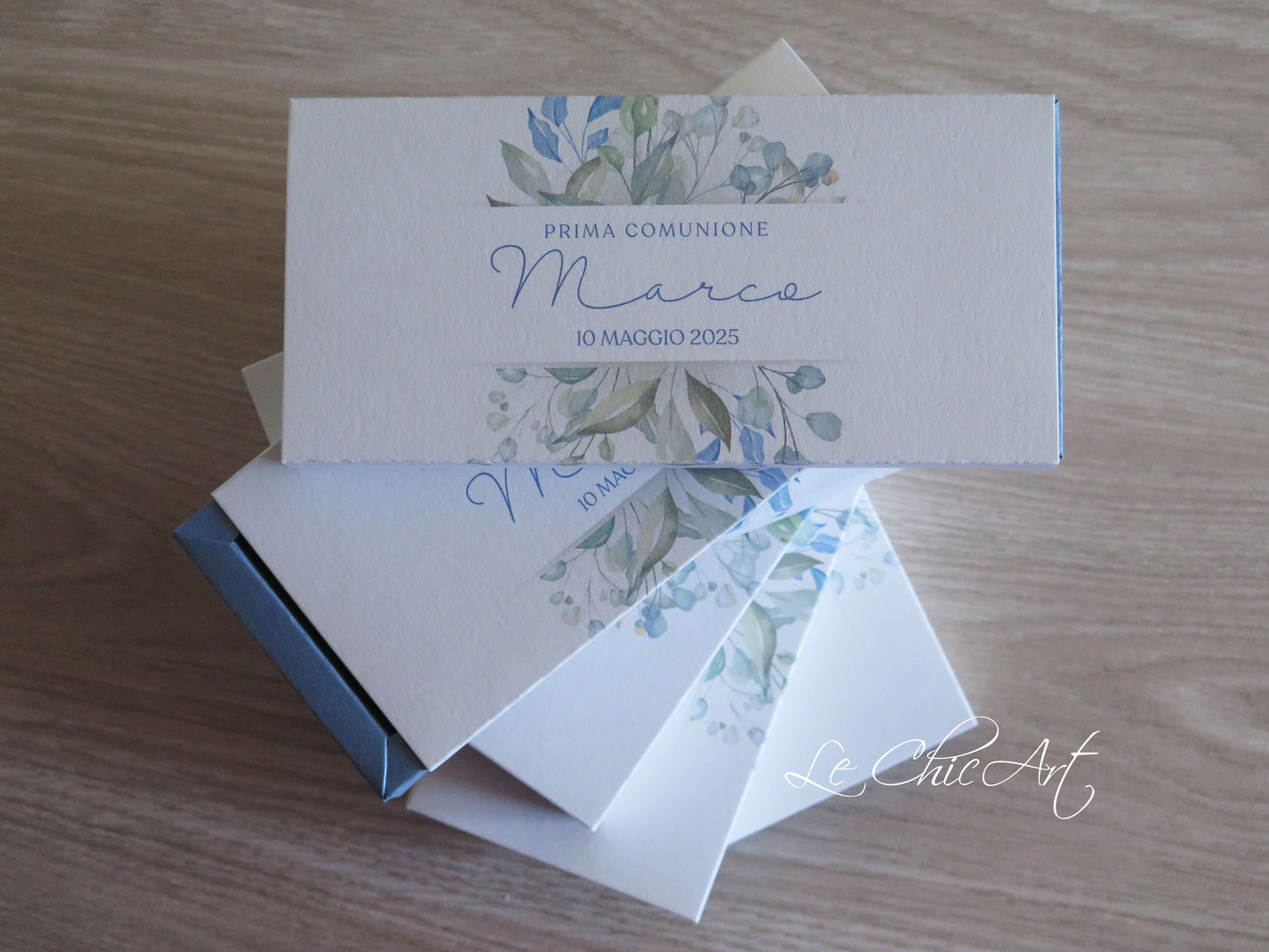 Set 10 Scatole portaconfetti a 3 scomparti fiori azzurro polvere o acquerello