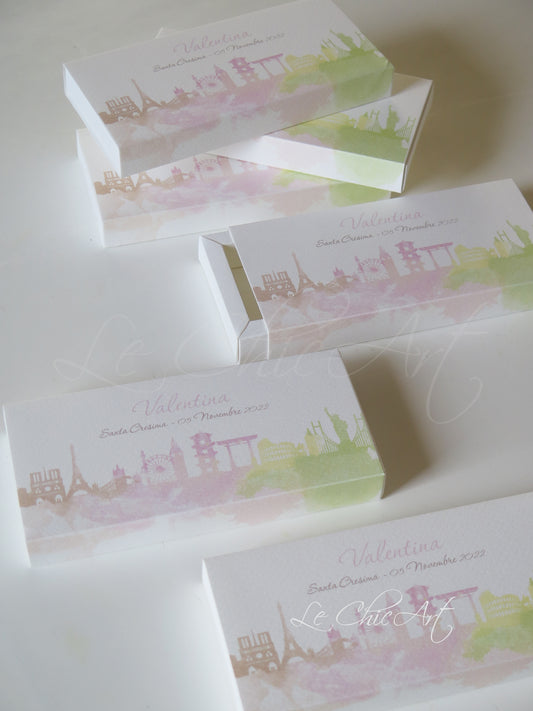 scatole portaconfetti eleganti a 3 scomparti con design acquerello tema viaggi Roma