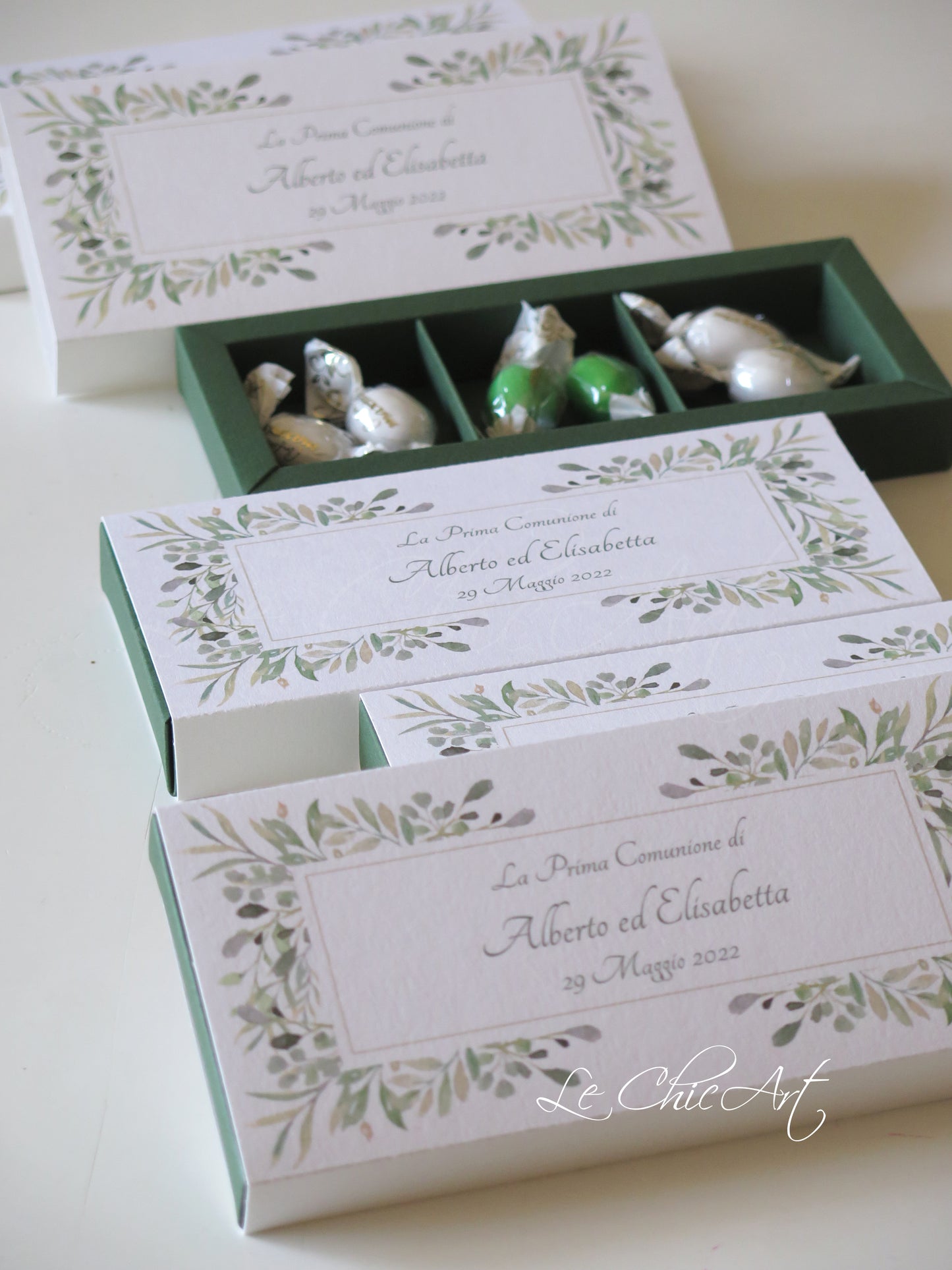 Set 10 Scatole portaconfetti a 3 scomparti fiori azzurro polvere o acquerello