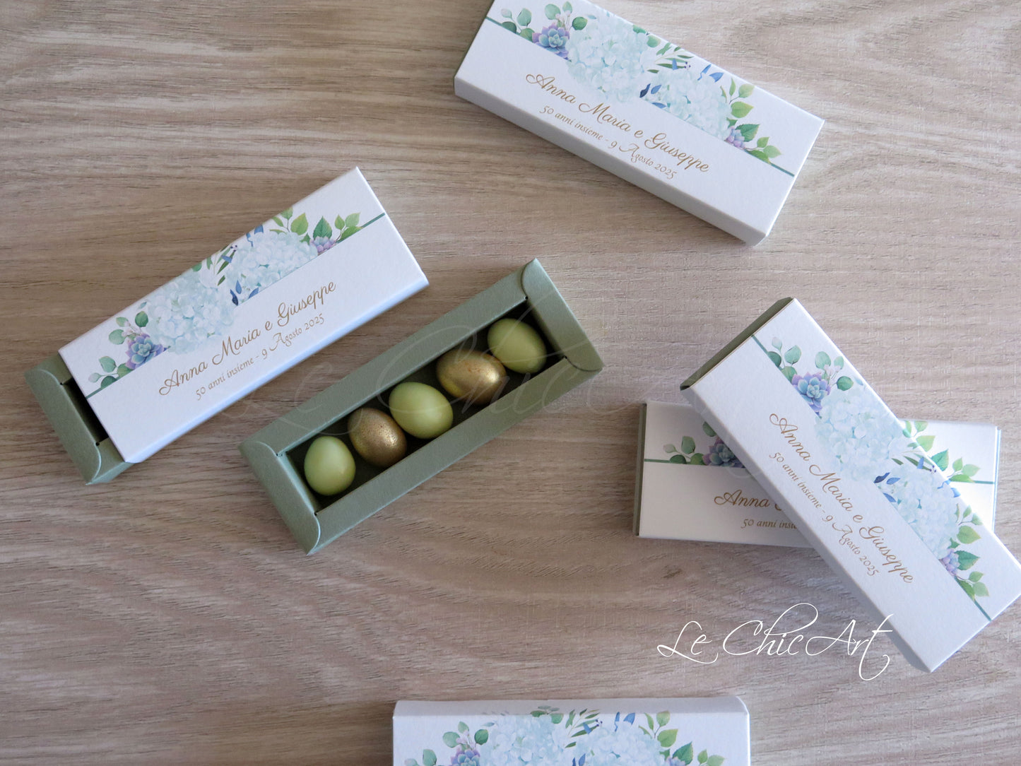 Set 20 Scatole porta confetti a sfilo Ortensie 50° ANNIVERSARIO Nozze d'oro