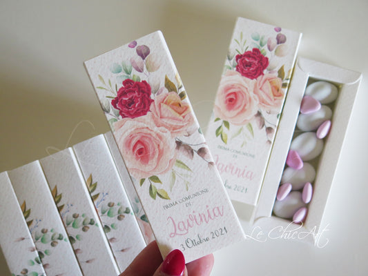 Set 20 scatole porta confetti comunione floreale con fascia a sfilo shabby chic pois rose rosa