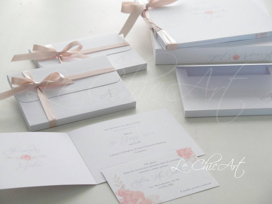 Set completo partecipazione matrimonio pocket rosa con card separate