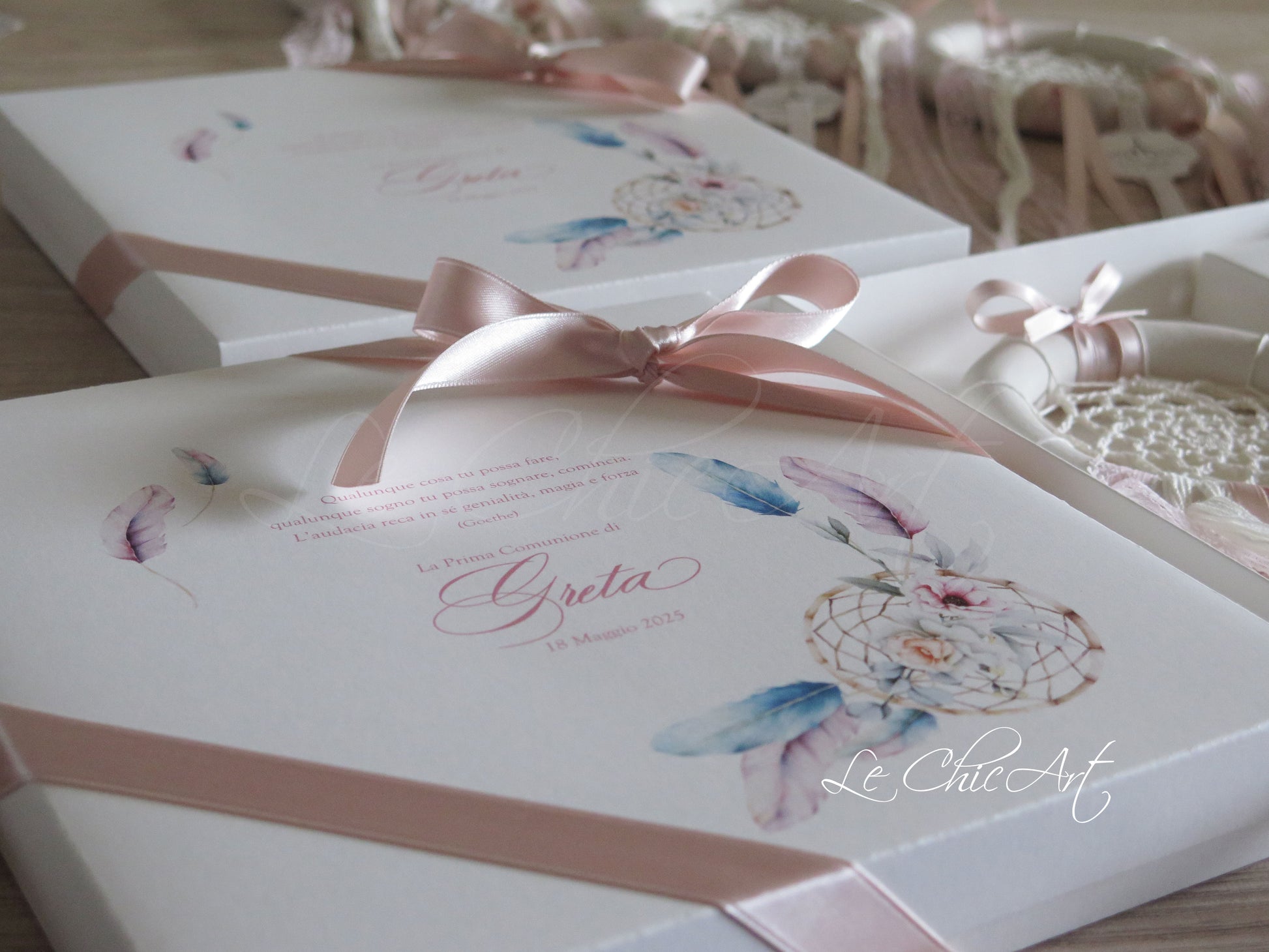 Acchiappasogni artigianale rosa cipria nastri delicati scatola personalizzata