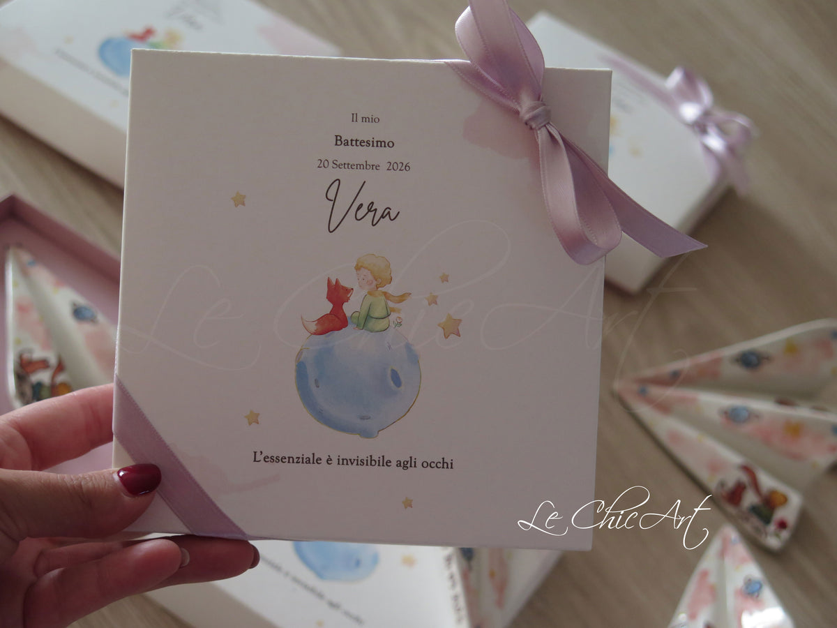 Aeroplano in ceramica rosa cipria con Piccolo Principe e volpe, personalizzabile per bambina