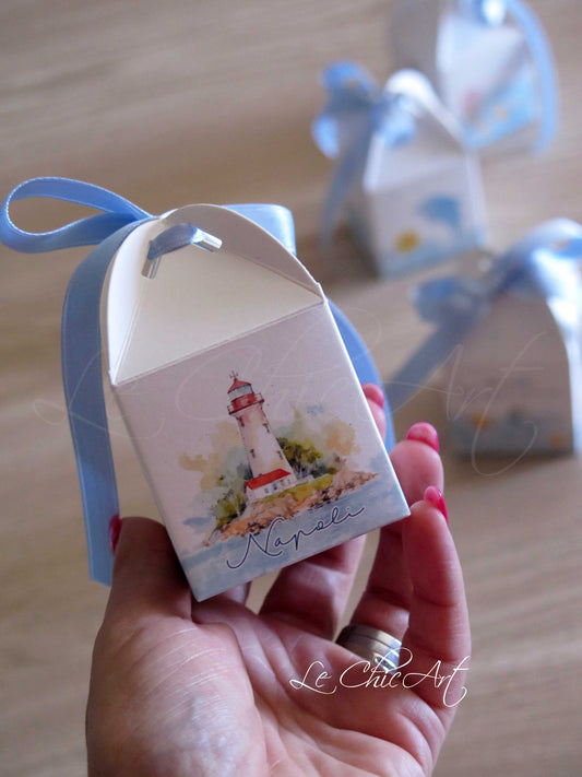 Set 20 porta confetti nascita bimbo azzurro tema mare - Scatole lanterna eleganti con faro Napoli, animaletti marini e pesci colorati per bomboniere 