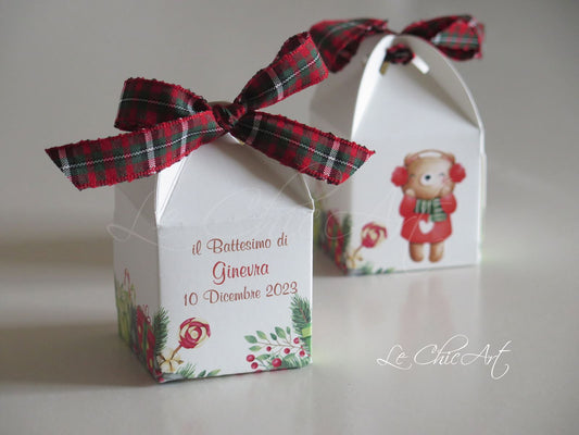 Set 20 scatole porta confetti natale orsetto scozzese tartan modello lanterna