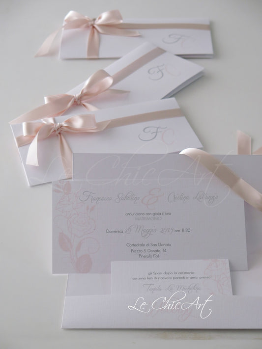 Partecipazione matrimonio pochette rosa cipria con nastro raso