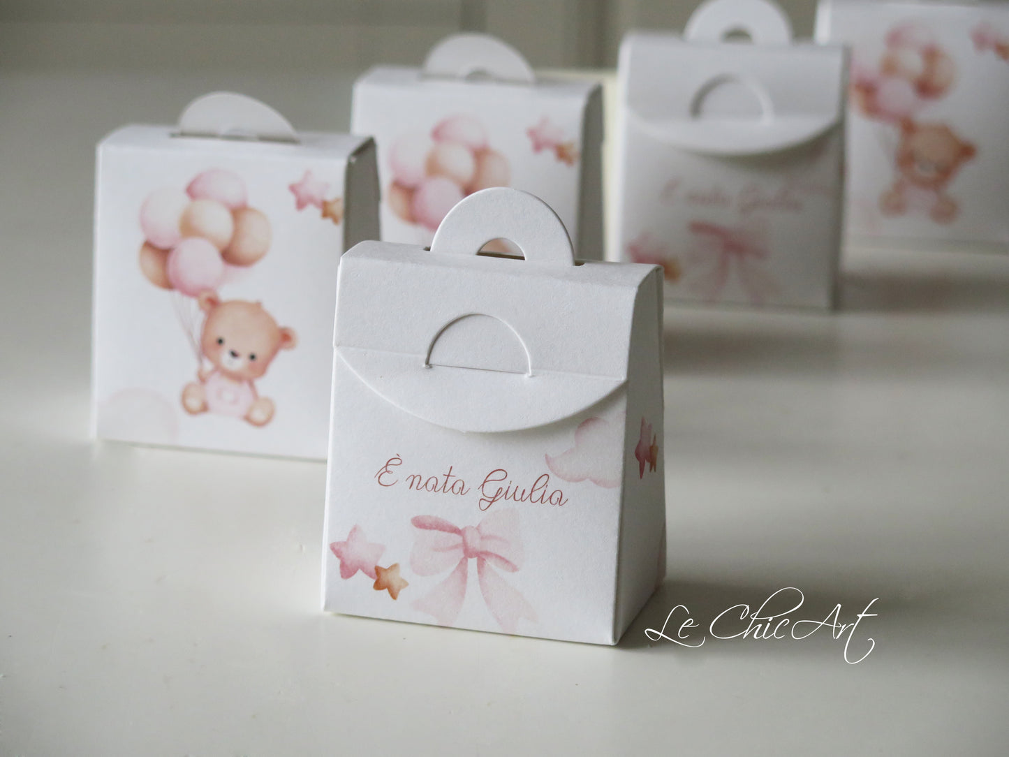 Set 20 Scatole porta confetti nascita mini shopper orsetto e palloncini rosa, azzurro