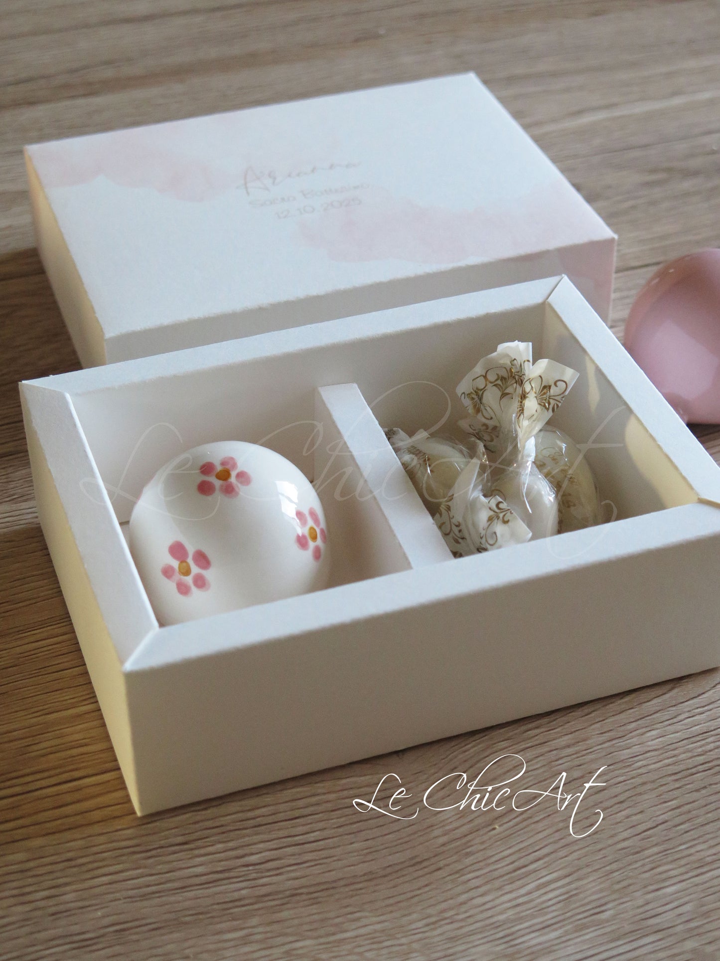 Small, rounded christening balloon favor set with name