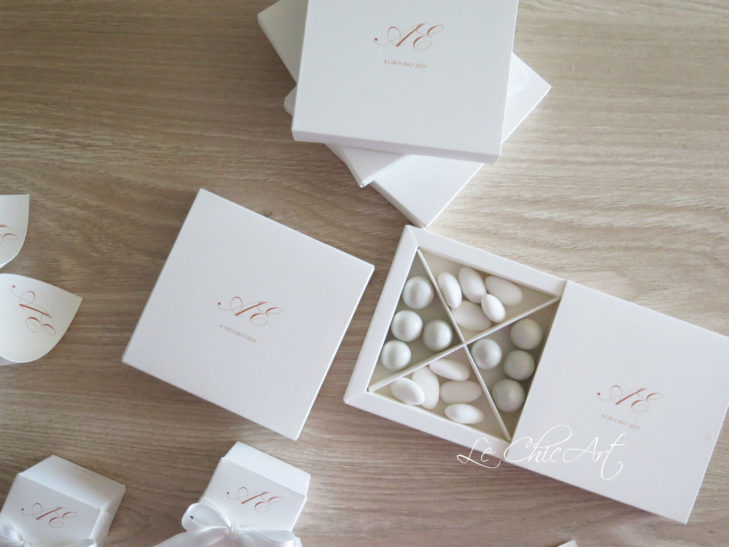 Set 10 Scatole Degustazione Portaconfetti 4 Scomparti | Testi Ruggine | 11x11x2cm Personalizzate