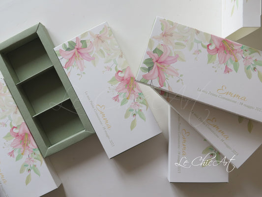 Set 10 Scatole Porta Confetti 3 Scomparti – Giglio su Fondo Verde Salvia | Prima Comunione