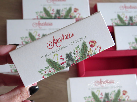 Bomboniere Battesimo Natale Luxury - Set Scatole Mini Sfilo 12x4x2cm Agrifoglio Rosso Natalizio - Design Magico Tradizionale Made in Italy