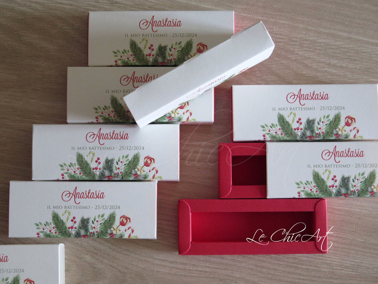 Scatole Porta Confetti Battesimo Natale - Agrifoglio Rosso Misterioso Design Esclusivo - Bomboniere Premium Artigianali per Battesimo Natalizio Magico