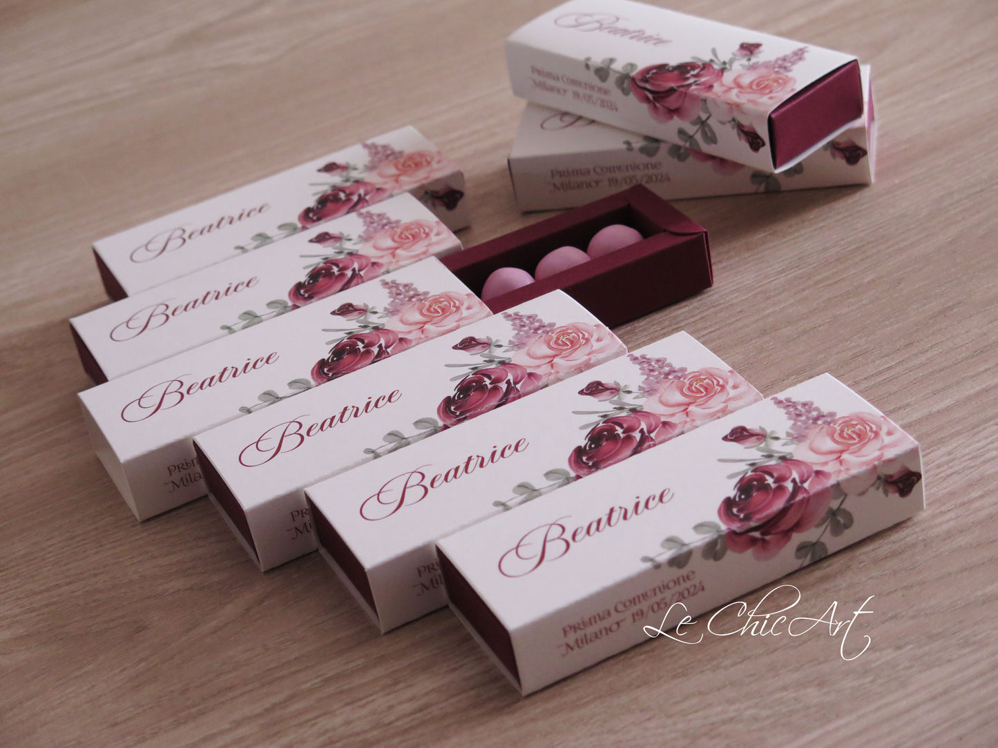 Set 20 Scatole porta confetti comunione fiori borgogna o eucalipto