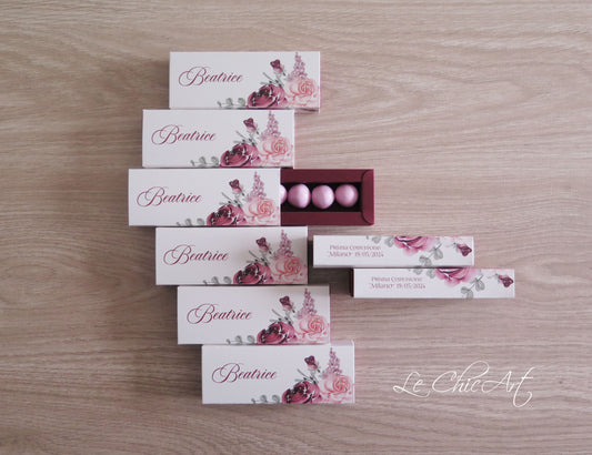 Set 20 Scatole porta confetti comunione fiori borgogna o eucalipto