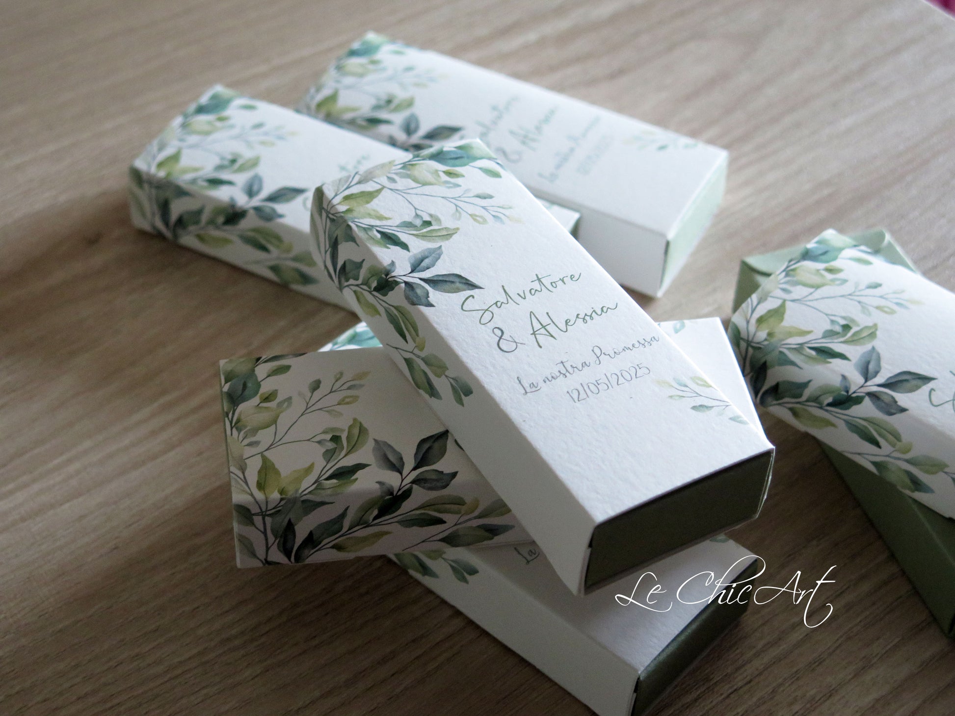 Set scatole porta confetti eucalipto mini sfilo 12x4x2cm capienza 5 confetti
