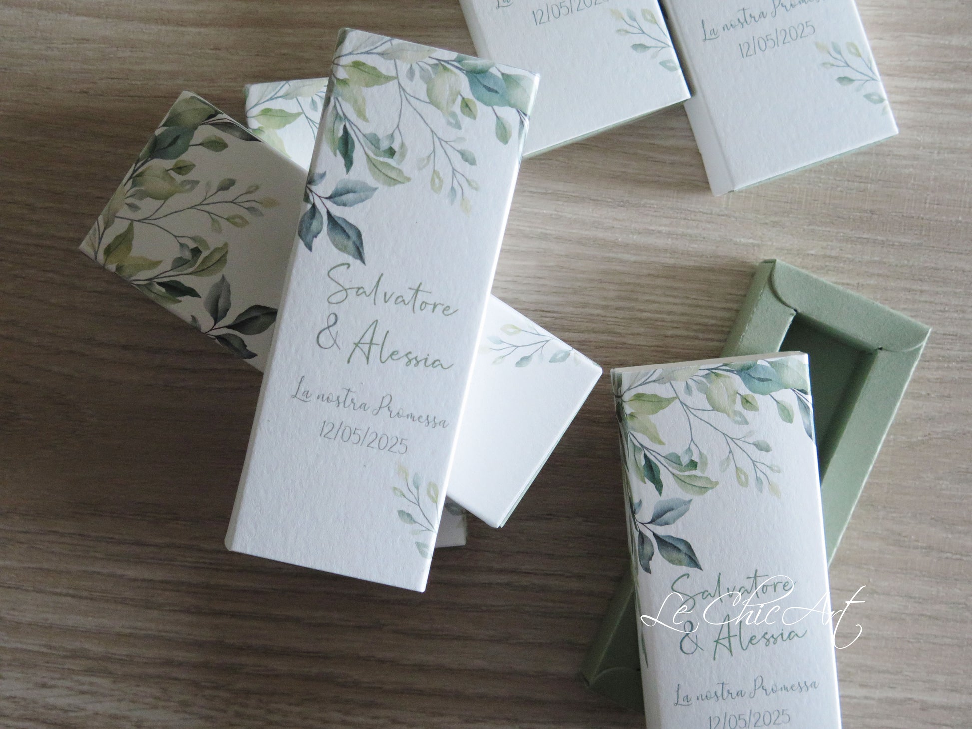 Scatole porta confetti eucalipto verde salvia mini sfilo per promessa matrimonio
