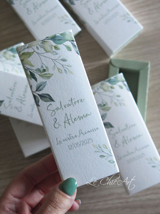 Scatola porta confetti eucalipto verde salvia mini sfilo 12x4x2cm per promessa matrimonio - vista frontale aperta